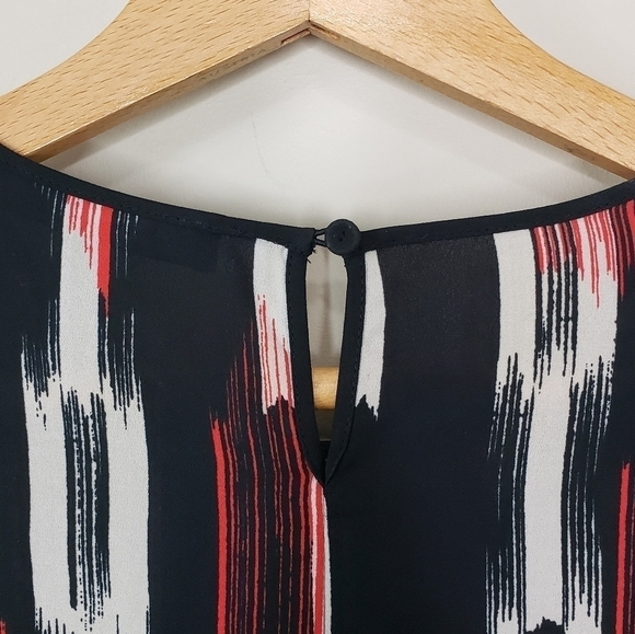 BCBGMaxAzria | Kacy Red Black Print Block Geometric Mixed Print Layered Blouse - Picture 5 of 9